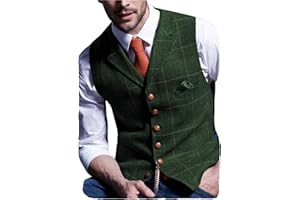 Aesido Casual Men's Vest for Wedding Plaid Soft Wool Tweed Waistcoat for Groosmen Best Man