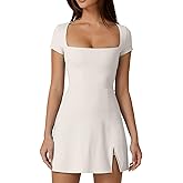 QINSEN Womens Square Neck Tennis Dress Short Sleeve Built in Shorts Golf Athletic Dress with Pockets