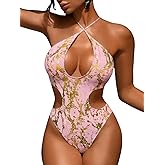 ChiaoLezhee Women's Metallic Snakeskin Monokini, Crisscross Halter Cutout One Piece Swimsuit, Sexy Rave Festival Bodysuit