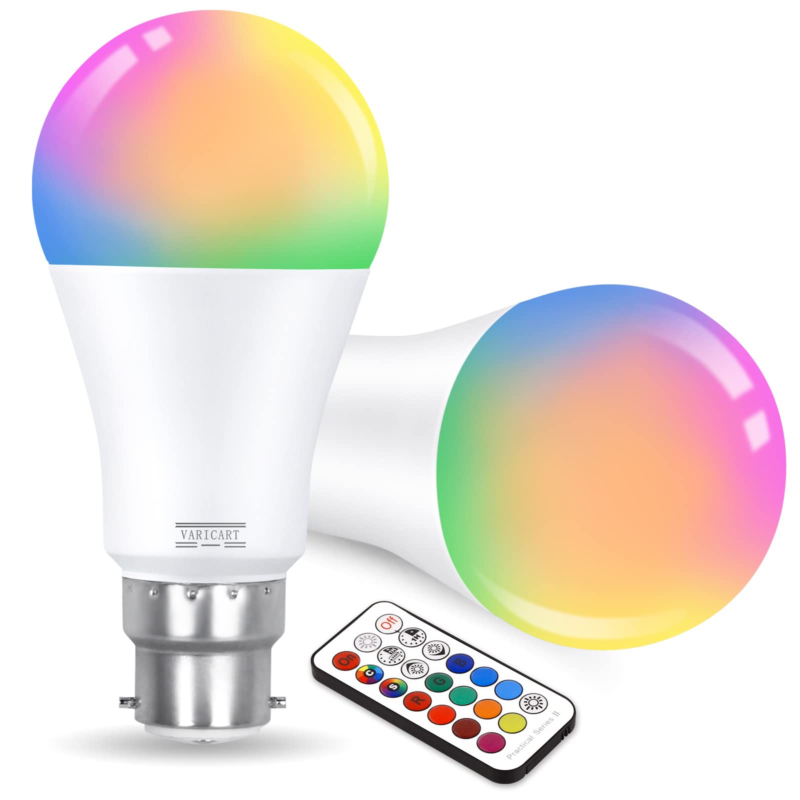 VARICART B22 10W Colour Changing Light Bulb Dimmable, LED Bulbs Bayonet with Remote, RGB + Cool White 6000K, 12 Colour + 5 Modes, Dual Memory, 75W~100W Equiv. for Home Dec & Mood Lighting (Pack of 2)