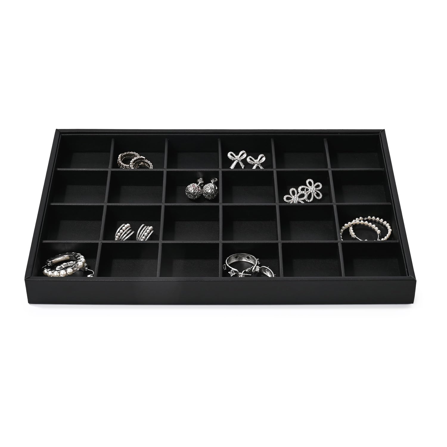 Oirlv Black Leather 24 Grids Jewellery Tray for Watches, Bracelets, Jewellery, Rings, Earrings
