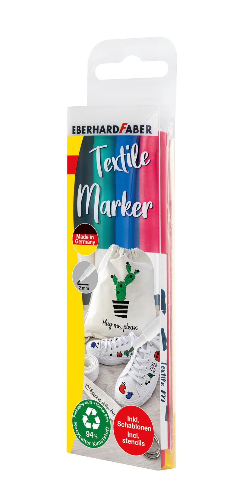 Eberhard Faber 578204 Textile Marker, 4 Fabric Colouring Pens in Bright Colours, Line Width Approx. 2 mm, with Stencils, Suitable for Various Fabrics, Washable up to 60 °C After Fixation