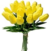 Mandy's Artificial Tulips 20 Stems Yellow PU Faux Flowers for Valentine's Day and Easter Decorations Wedding Home Decor 13.5 Inch