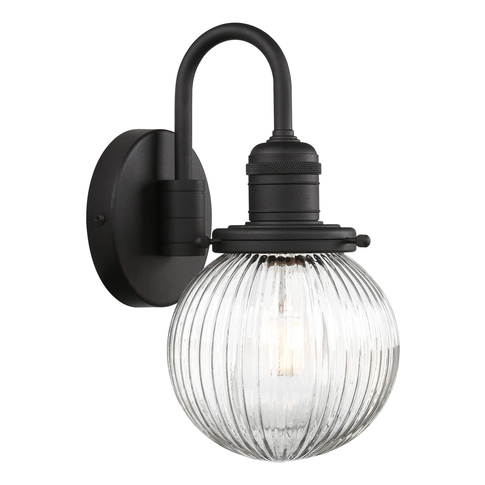 Photo 1 of Yosoan 1-Light Brass Modern Vintage Indoor Wall Sconce, Vanity Single Luxury Hardwired Retro Textured Striped Globe Round Clear Glass Shade with Industrial Gooseneck Curved Rod Bathroom Lamp(Black)