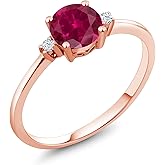 Gem Stone King 10K Rose Gold Red Created Ruby and White Created Sapphire Solitaire Engagement Ring For Women (1.03 Cttw, Round 6MM, Gemstone July Birthstone)