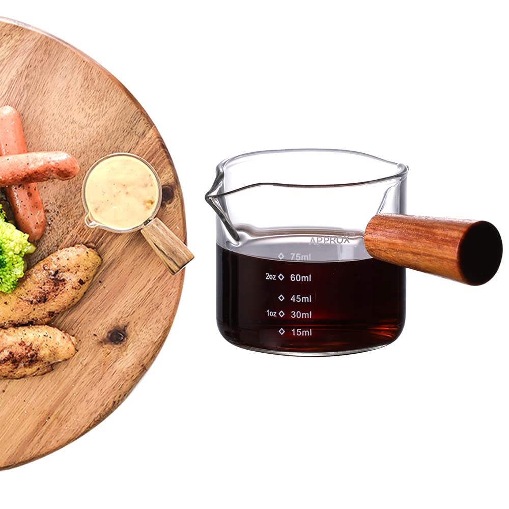 Glass Milk Cup with Wooden Handle, Espresso Shot Glass with V-Shaped Spout, Espresso Cups Glass, 100 ml, Heat Resistant, Easy to Clean, for Espresso, Milk, Home, Office and Cafe