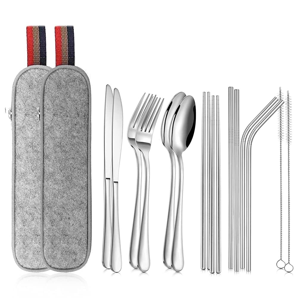 2 Pack Travel Cutlery Set, 8pcs Stainless Steel Portable Reusable Flatware Set Utensils Dinnerware with Fork, Knife, Spoon, Straws, Chopsticks, Cleaning Brush, Carrying Case
