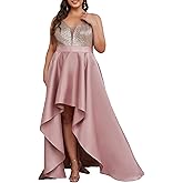 Ever-Pretty Plus Women's Elegant V Neck Sleeveless High Low A Line Sequin Satin Plus Size Cocktail Formal Dresses