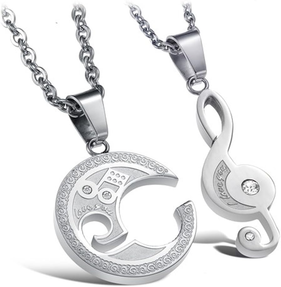 VQYSKO Stainless Steel I Love You Music Note Engraved Couple Puzzle Pendant Necklace for Best Friends
