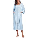 EA'S SECRET Women 100% Cotton Robes Lightweight Zipper Front 3/4 Sleeve Full Length Housecoat with Pockets Loungewear