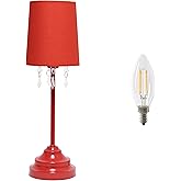 Simple Designs LT3018-RED-LB 17.5" Table Lamp with Fabric Shade and Hanging Acrylic Beads, with LED Bulb, Red