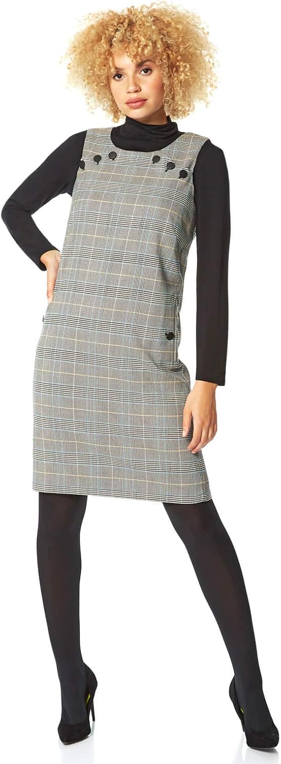 Roman Originals Women Check Button Pinafore Dress Ladies Smart Casual