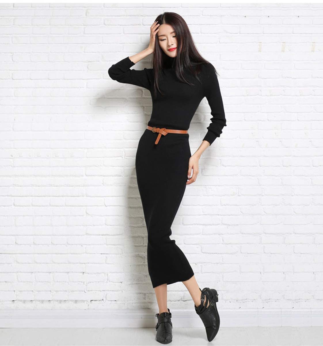 Dresses Women\'s Maxi Dress Turtleneck Cashmere ankle length dress Long Sleeve Slim Fit Stretchable Elasticity (One Size, 1325 Black)