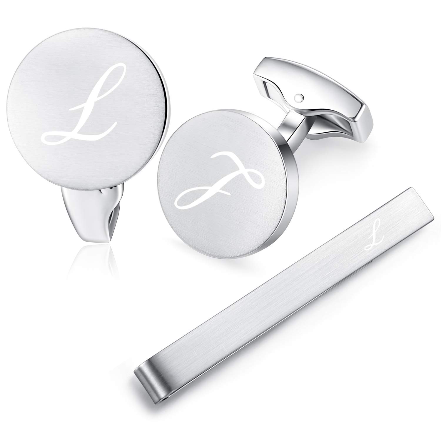 HONEY BEAR Initial Alphabet Letter Cufflinks Tie Clip Set for Mens - Round Stainless Steel, for Business Wedding Gift,Brushed Silver (L)