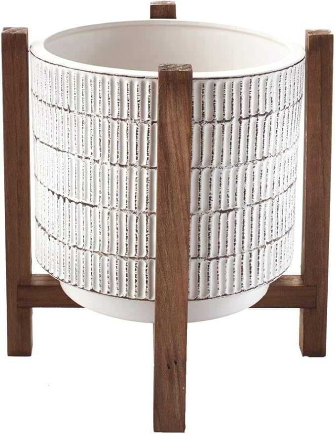 Briskly41 Round Ceramic Planter on Wood Stand Indoor Outdoor Decorative Pot Garden