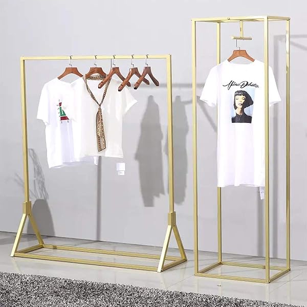 FURVOKIA MODERN SIMPLE HEAVY DUTY METAL ROLLING GARMENT RACK WITH WHEEL,RETAIL DISPLAY CLOTHING RACK, SINGLE ROD FLOOR-STANDING HANGERS CLOTHES SHELVES (GOLD SQUARE TUBE A, 47.2 L)