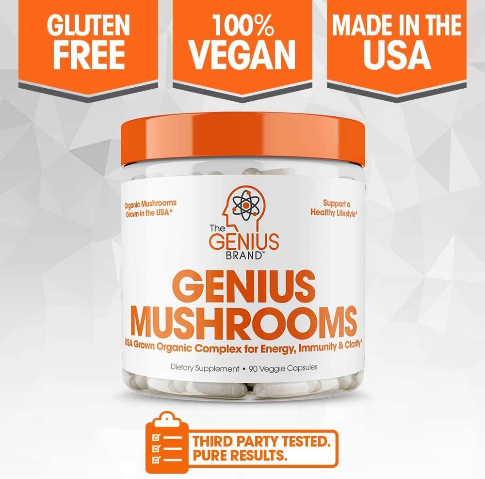 Genius Mushroom – Lions Mane, Cordyceps and Reishi – Immune System Booster & Nootropic Brain Supplement – Wellness Formula for Natural Energy, Stress Relief, Memory & Liver Support, 90 Veggie Pills: Health & Personal Care