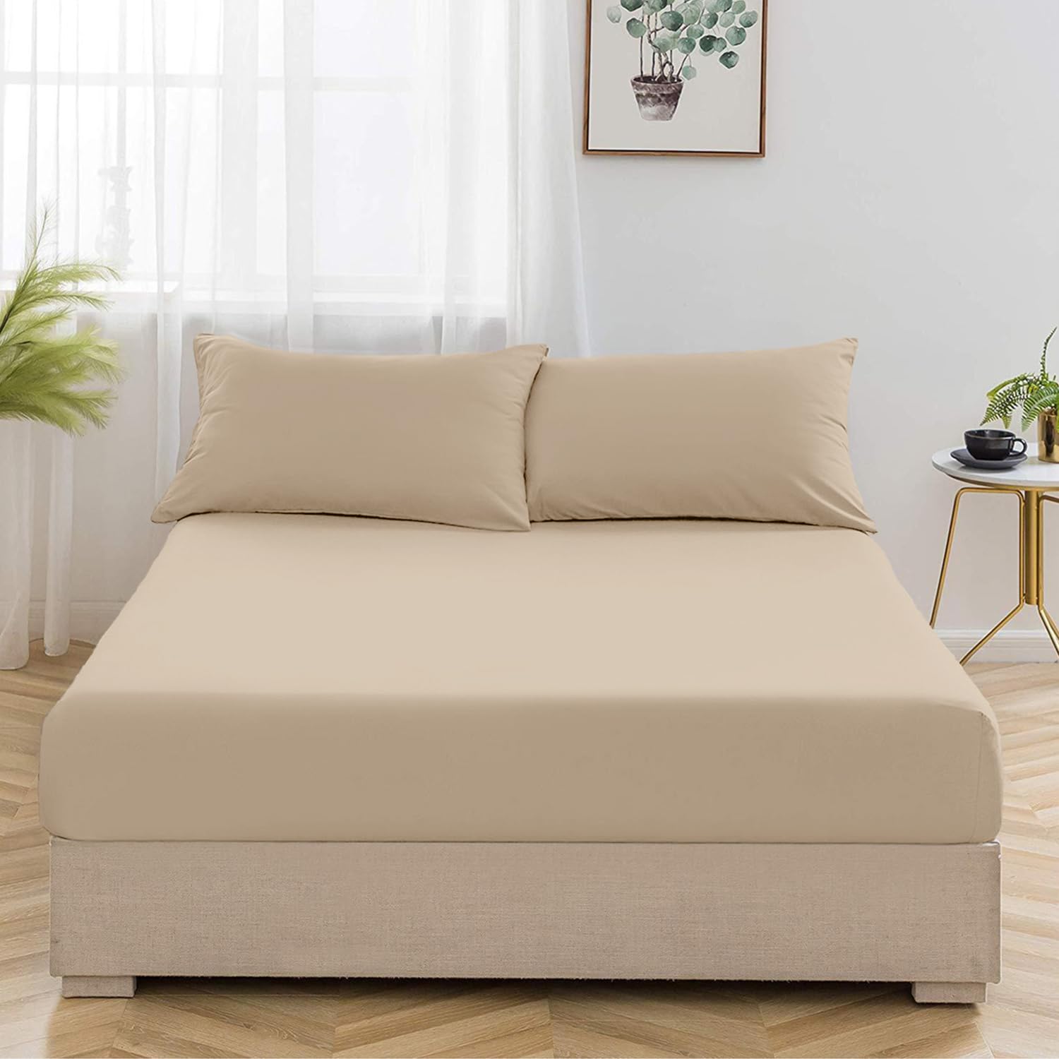 Oxford Homeware Beige Single Fitted Sheets -100% Brushed Microfibre 1800 Easy Care 25 cm Deep Single Bed Sheet - Shrinkage and Fade Resistance