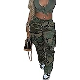 Womens Camo Cargo High Waist Pants Camouflage Military Elastic Trousers with Pockets