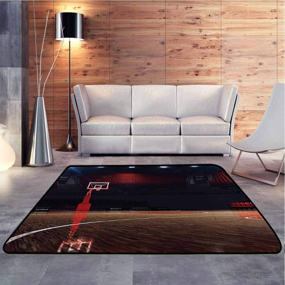 Floor Mat Picture of Empty Basketball Court Sport Arena with Spot Lights and Wood Floor Super Soft Faux Area Rugs Add Fashion to Room's Decor, 7 x 7 Feet