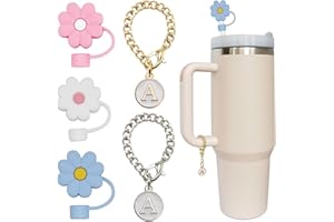 Altally 3PCS Straw Cover for Stanley Cup 30&40 Oz 10mm Flower Silicone Straw Topper Protector Lid with 2PCS Initial Personalized Letter Charm Stanley Tumblers Accessories (3pcs flowers+2pcs letter A)