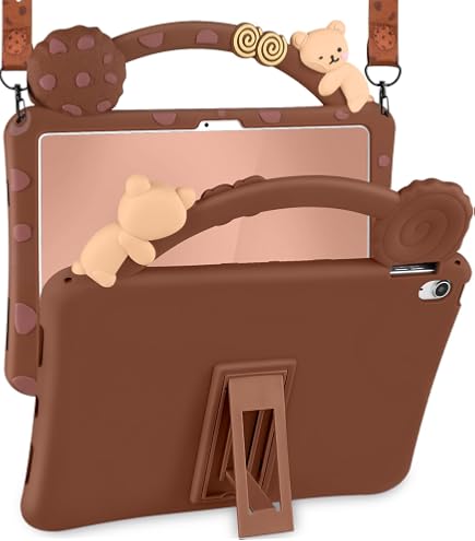 Kids Case for iPad A16 11th Gen 11 2025/iPad 10th Generation 10.9 inch 2022, UUcovers 360° Rotating Ring Handle/Stand Case with Pencil Holder/Shoulder Strap Girl Boy Cute Soft Cover,Brown White Bear