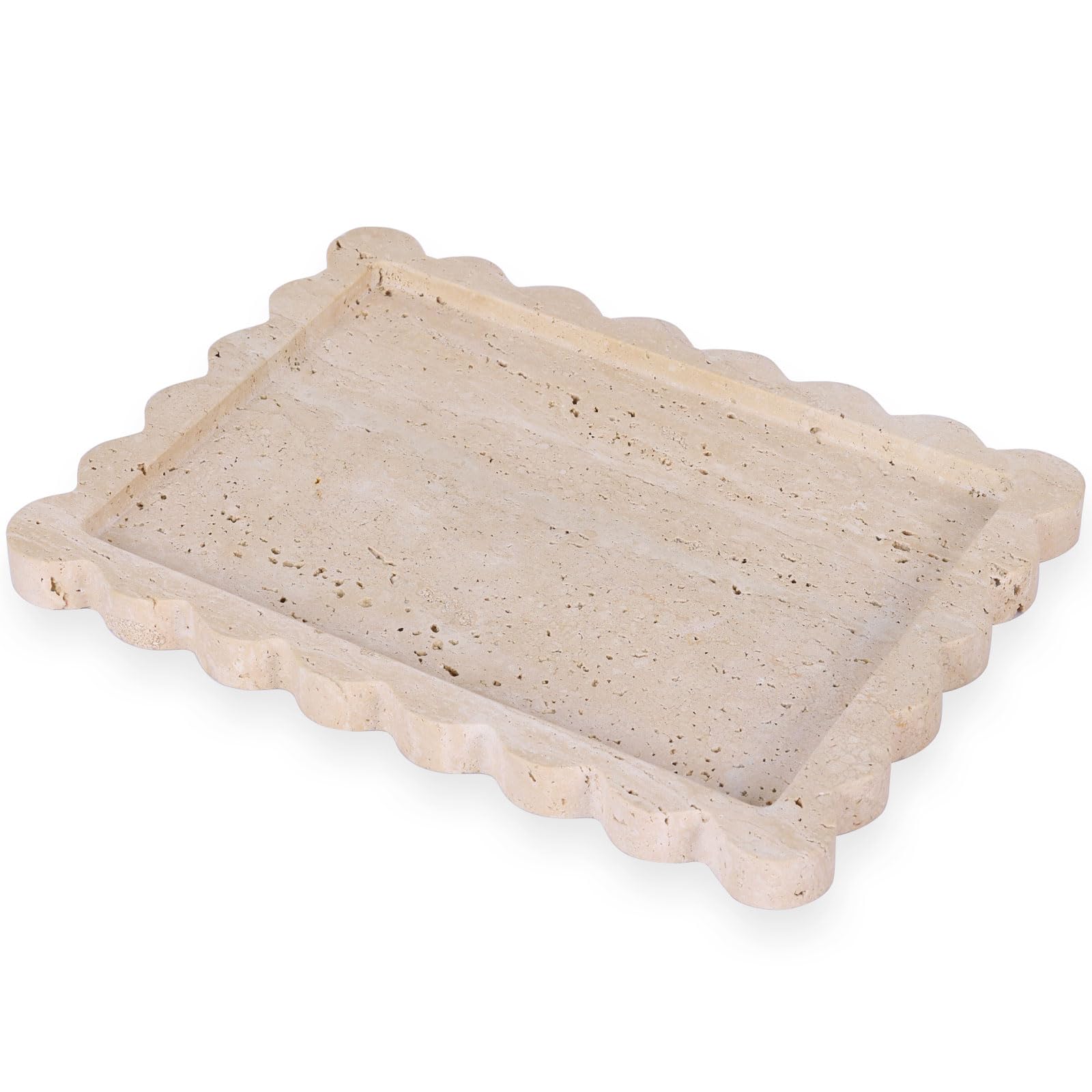 Photo 1 of 11"x8" Natural Travertine Tray with Scalloped Edge, Marble Rectangle Vanity Tray for Bathroom, Kitchen, Dresser, Coffee Table - Decorative Tray for Perfume, Keys, Candles, Jewelry, Home Décor