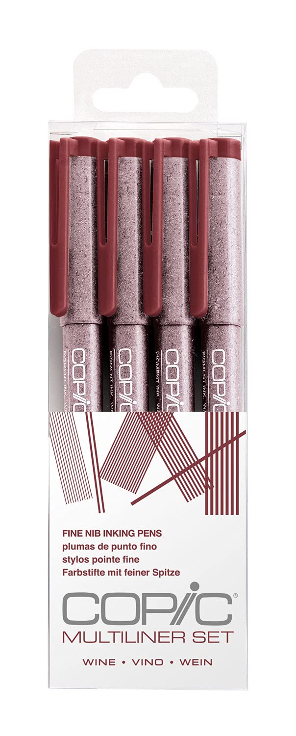 Copic Multiliner Coloured Marker Pen - wine Set 4 pcs. assorted, For Art & Crafts, Colouring, Graphics, Highlighter, Design, Anime, Professional & Beginners, Art Supplies & Colouring Books