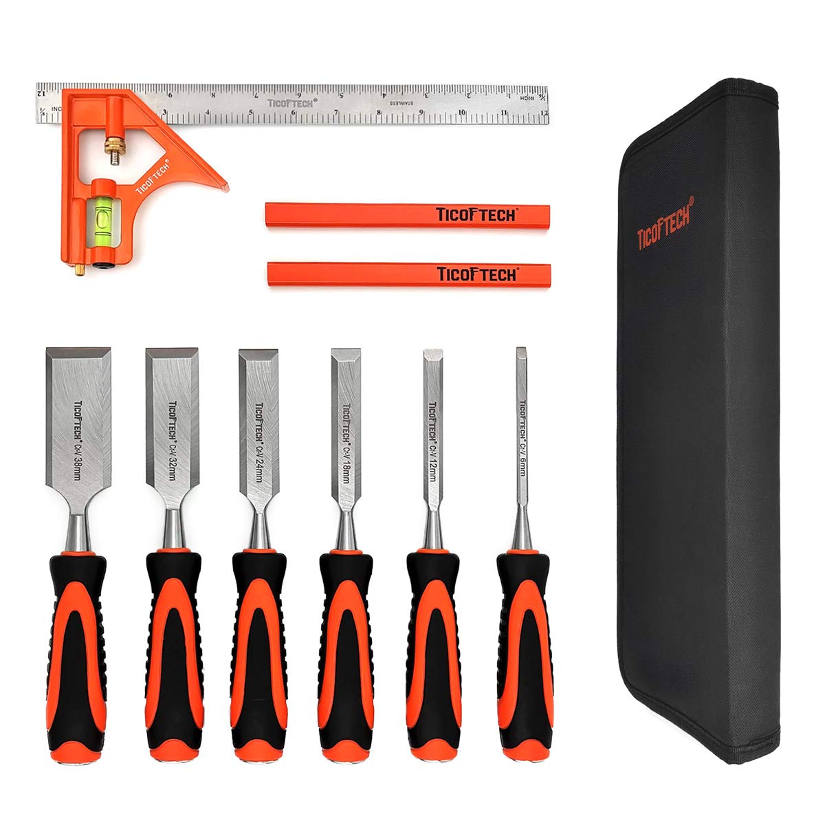 TICOFTECH Wood Chisel Set, 9 Pieces Chisel Set Woodworking Tools, with 6 Wood Chisels in Heated Tread Cr-V Alloy, 1 Combination Square, 2 Carpenter Pencils, Woodworking Tools and Accessories