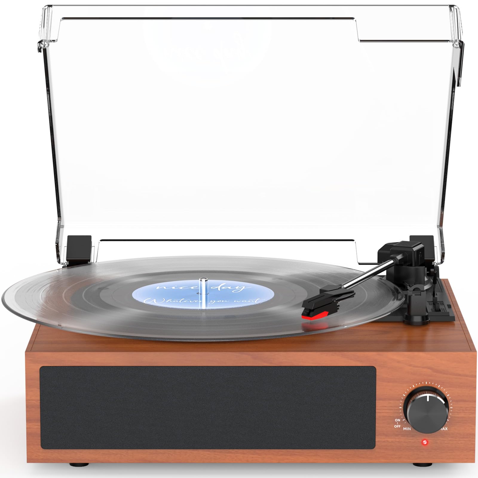 Photo 1 of Vintage Record Player with Built-in Stereo Speakers Turntable Vinyls Records LP Phonograph Belt Drive 3 Speed 3 Size Support Wireless Input RCA Output Auto Stop Retro Wooden Walnut Red
