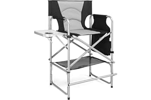 mefeir Tall Camping Chair Makeup Artist Director Chair 26" Counter Height, Portable Folding Design with Side Table, Cup Holder & Side Storage Bag, Heavy-Duty Iron Frame (300 lbs Capacity)