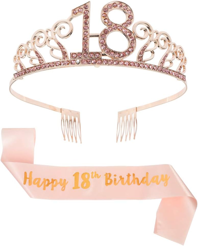 Bohoman You&Lemon Rose Gold 18th Birthday Sash Tiara Rhinestone Crown Set