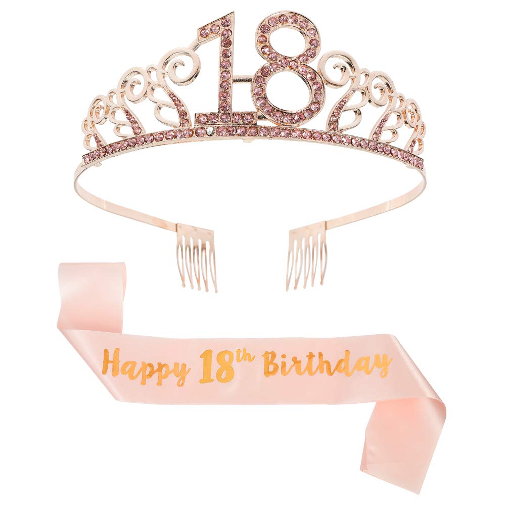 You&Lemon Rose Gold Happy 18th Birthday Sash and 18 Birthday Tiara Rhinestone Crown Headband for 18 Birthday Gift Party Accessories 18th Birthday Decoration Girls Women