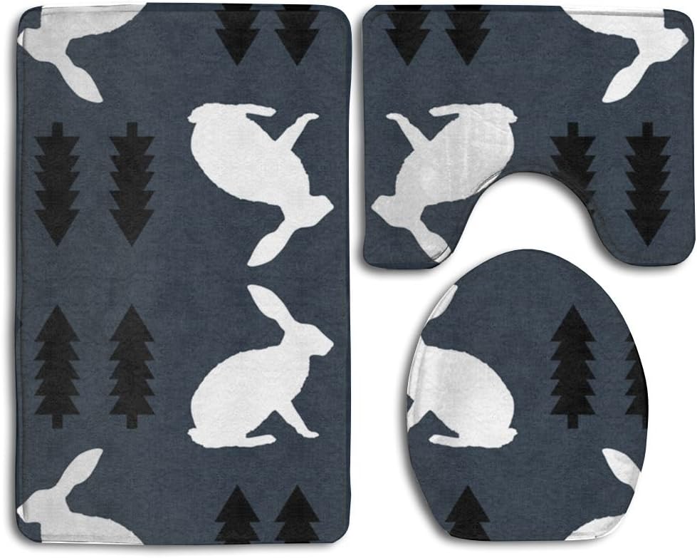 Rabbit Navy Blue Linen 3 Piece Bathroom Rug Set Bath Rug, Contour Mat, & Lid Cover Non-Slip With Rubber Backing