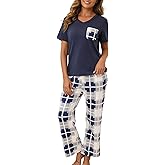 Luwnlorder Womens Pajama Sets 2 Piece Short Sleeve Pjs Tops and Long Pants Sleepwear Lounge Set with Pocket