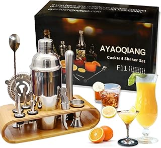 AYAOQIANG Cocktail Shaker Set Edelstahl 12-teiliges Cocktail Bar Set Bar Zubehör Cocktail Set 750 ML Cocktail Shaker mit Holzständer