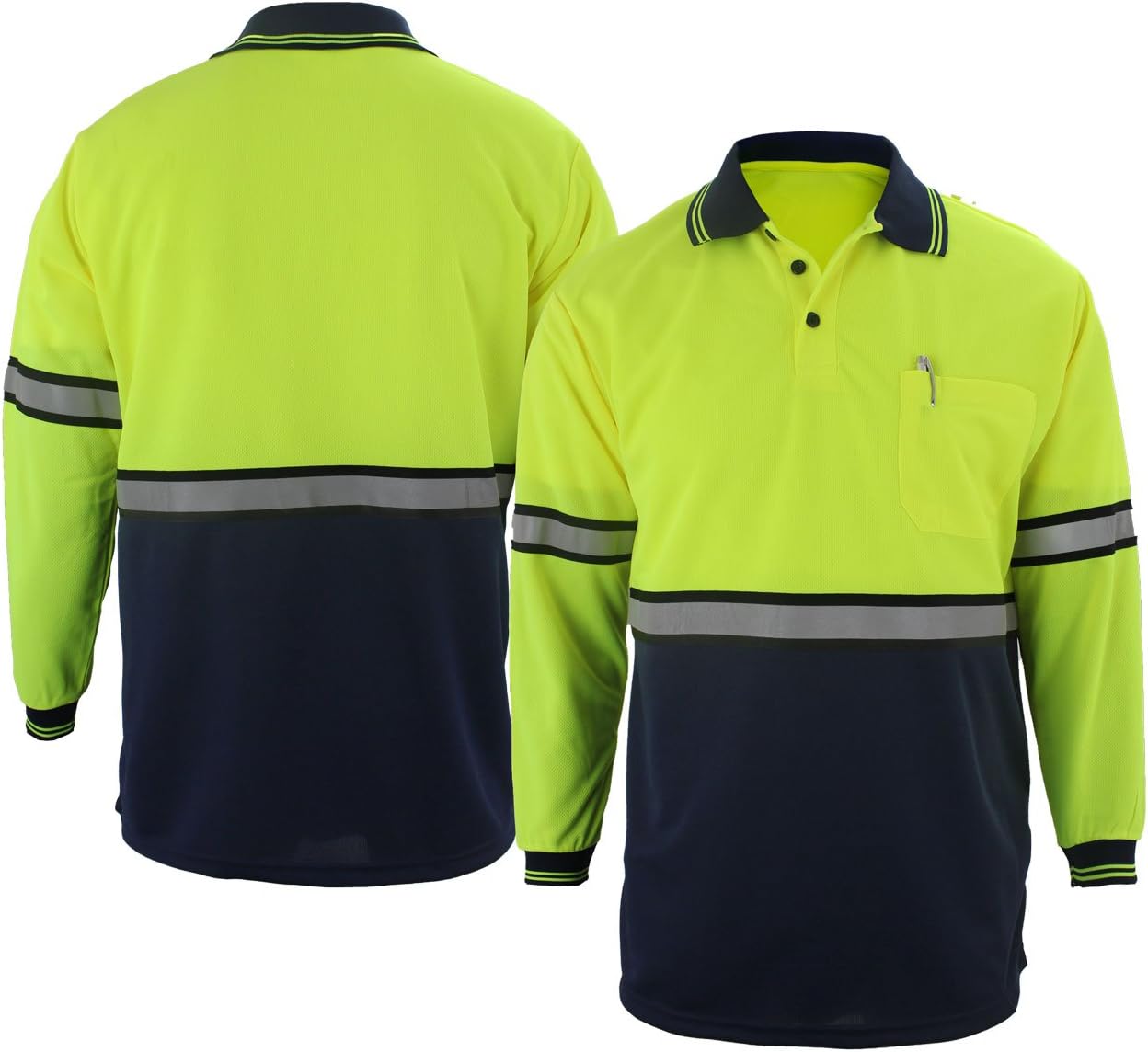 First Class Two Tone Polyester Polo Shirt with Reflective Stripes Lime Yellow/Navy (Long Sleeve)