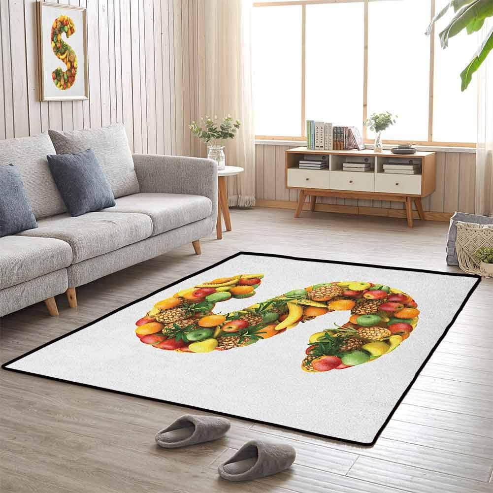 Rug Decorative Floor Rugs, Easy Clean Rubber Back Presents Decor Idea for Home Decorate, Letter S | Letter S Made Out of Healthy Organic Fruits Apples Pineapples Bananas Oranges - 3'x5'