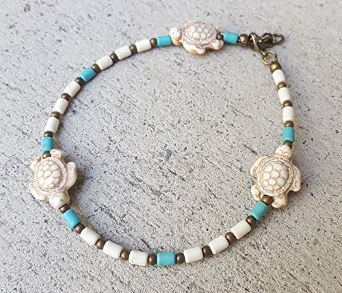 White Turtle and White and Blue Cylinder Beaded Anklet with Small Round Copper Beads and Brass Extension Chain and Findings