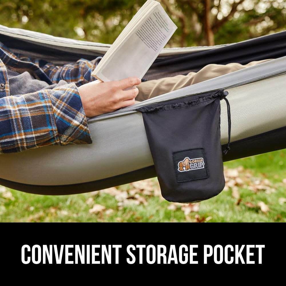 GORILLA GRIP Durable Portable Camping Hammock, Holds 400lbs with Heavy Duty Tree Straps, Comfortable Travel Swing, Camp Hammocks, Easy to Use and Install, Outdoor Essentials, Black, 9x4.5 FT