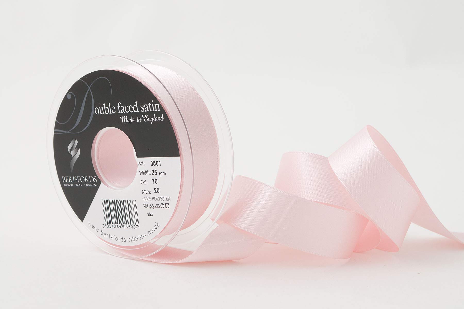Berisfords Double FACE Poly Satin Ribbon, Pale Pink, 25 mm — image 1