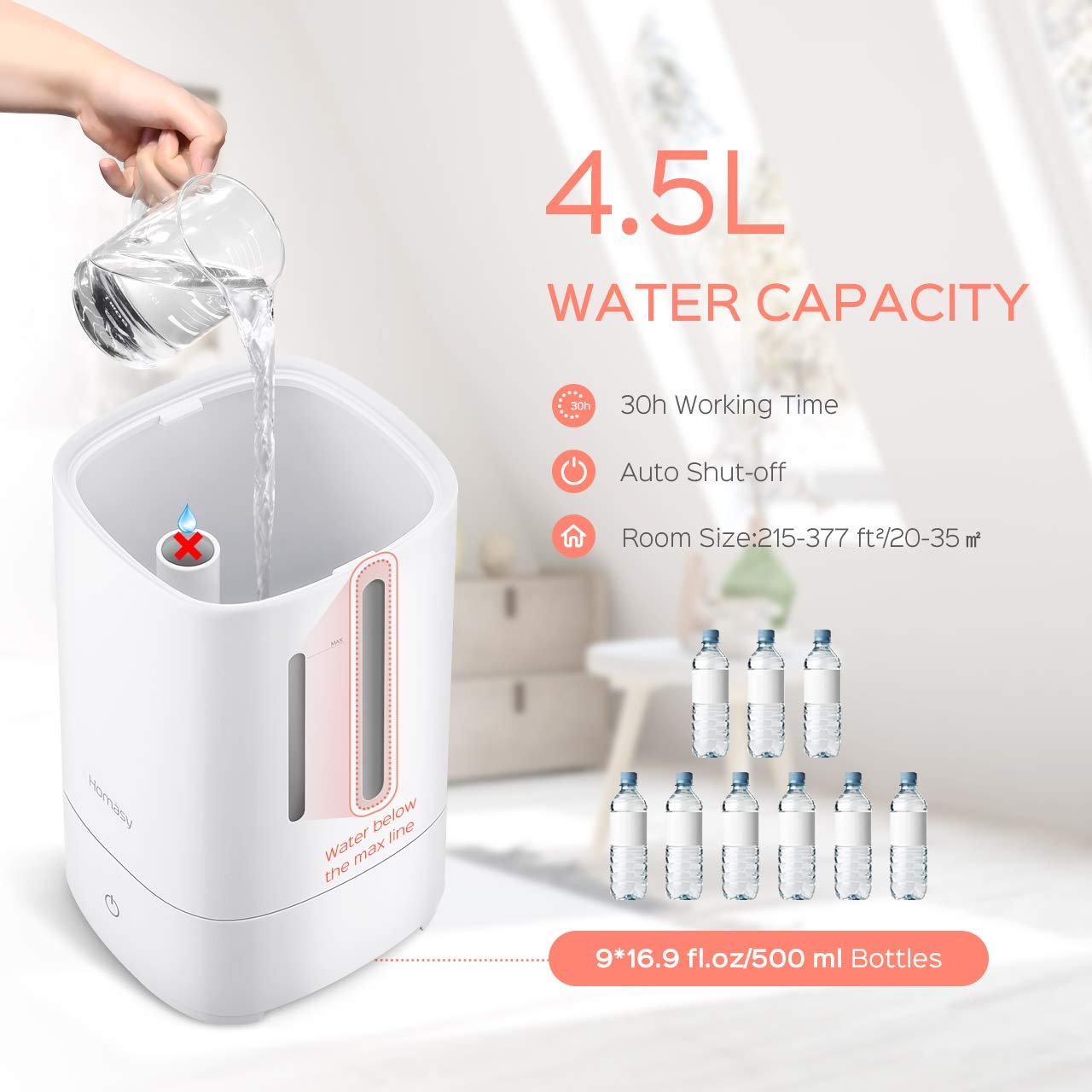 Homasy Top Fill Cool Mist Humidifier, 4.5L Ultrasonic Humidifiers for