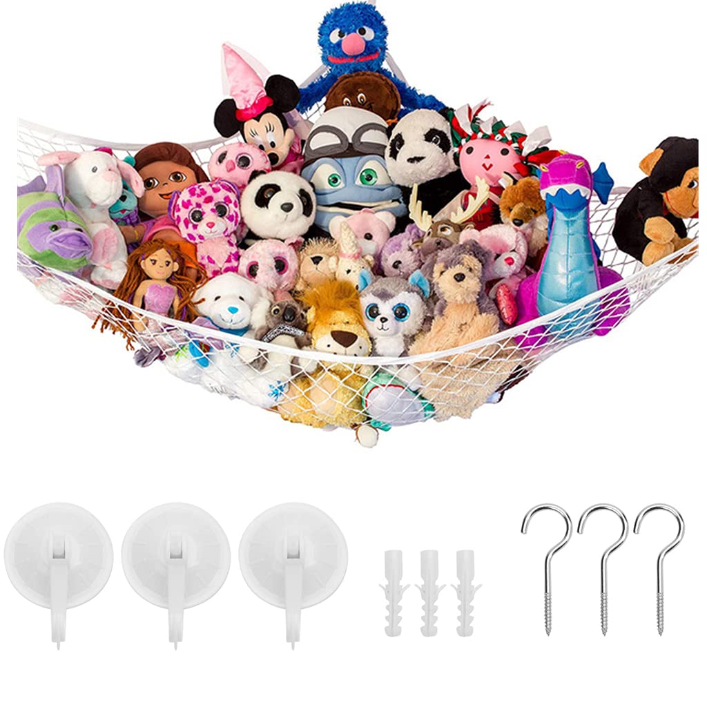 Toys Hammock Organizer Net Storage Hammock Stuffed Animal Plush Toys Durable Hanging Net Hammock Soft Toy Holder with Hooks for Baby Kids Bedroom Playroom Toy Tidy Corner Organiser White 180*120*120CM