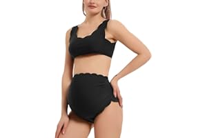 GINKANA Maternity Bikini Set Two Piece Scalloped Bathing Suits Back Lace-up Maternity Swimsuits High Waist Pregnancy Swimwear