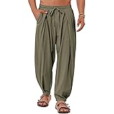 Gafeng Mens Linen Yoga Pants Elastic Waist Drawstring Summer Beach Loose Fit Casual Tapered Trousers