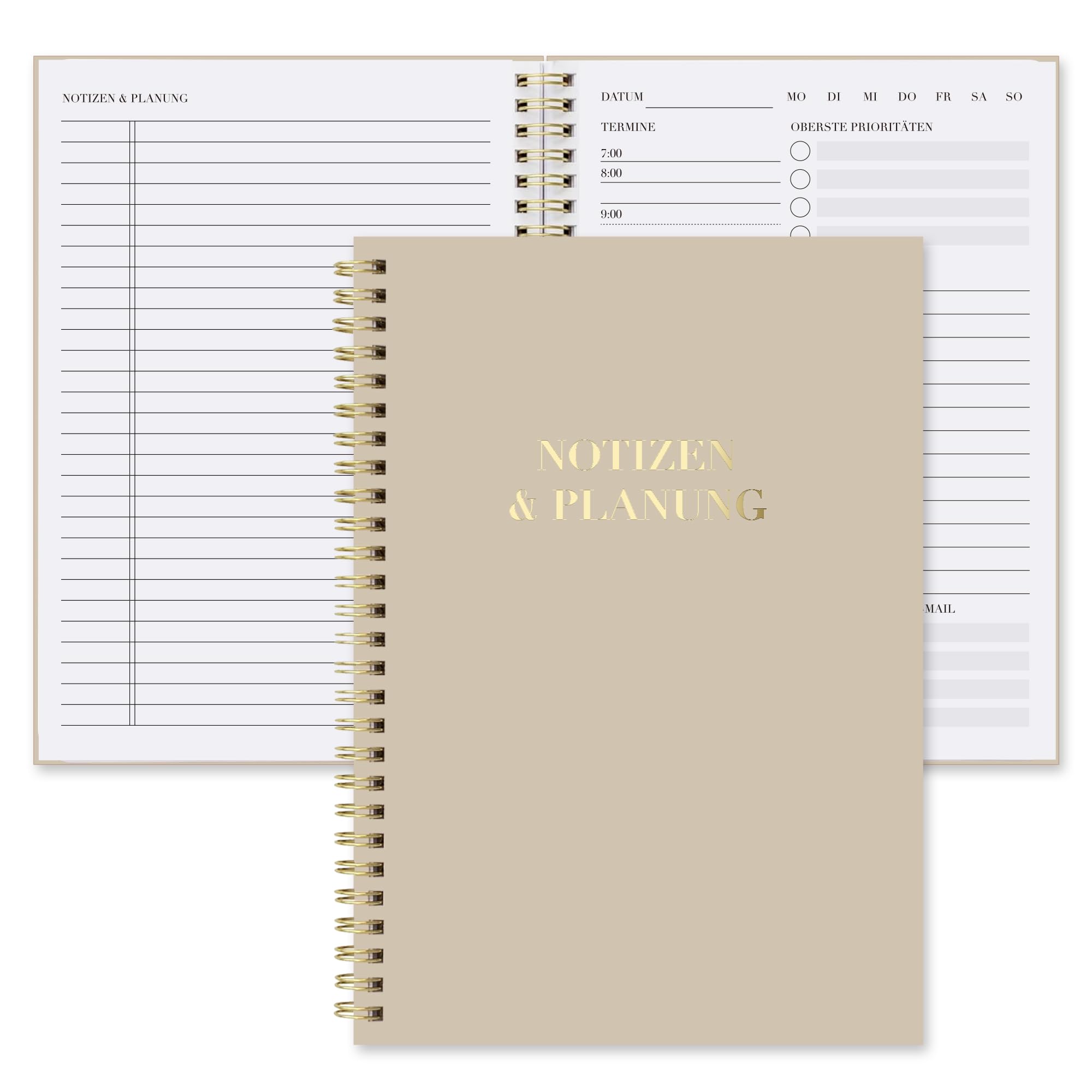 BIROYAL Daily Planner Notebook with Timetable - Spiral To-Do Notepad to Easily Organize Your Tasks and Appointments - Stylish Books and Feminine Items for School or Office, Khaki