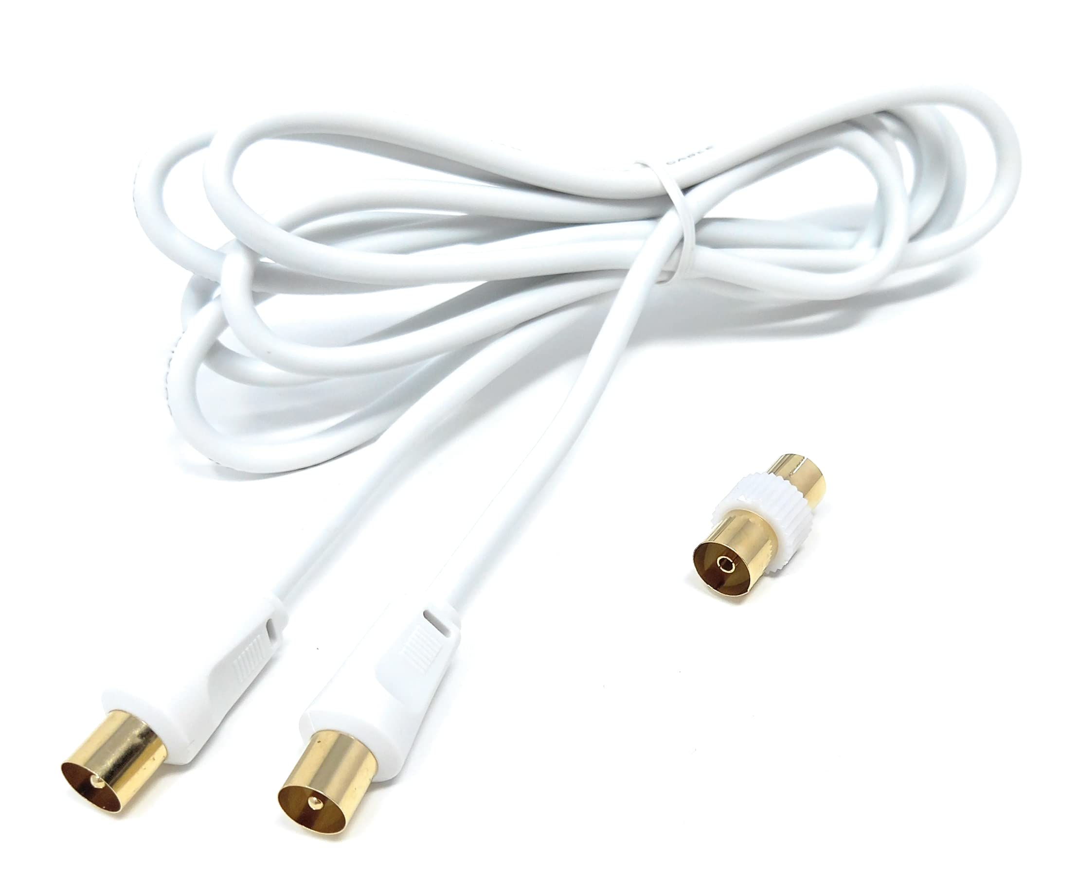 DRUT 2m TV RF Male to Male Aerial Antenna Coaxial Cable With Female to Female Coupler, Gold Connectors 75 ohm, 3C2V 6.5ft White