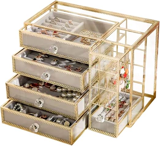 Amazon Com Hersoo Glass Mirrored Jewelry Box Vintage Metal Edge Jewelry Organizer Beauty Display For Necklace Earrings Rings Trinkets Jewelry Stand Jewelry Box For Girls On Makeup Vanity Night Stand Gold Home