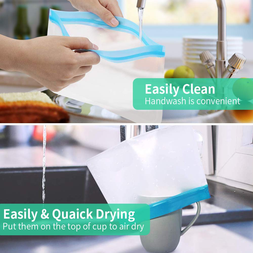 Reusable Sandwich & Snacks Bags, 10 Pack Ziplock Lunch Bags BPA-FREE PEVA Leakproof Washable Freezer Bags Silicone Food Storage Bags