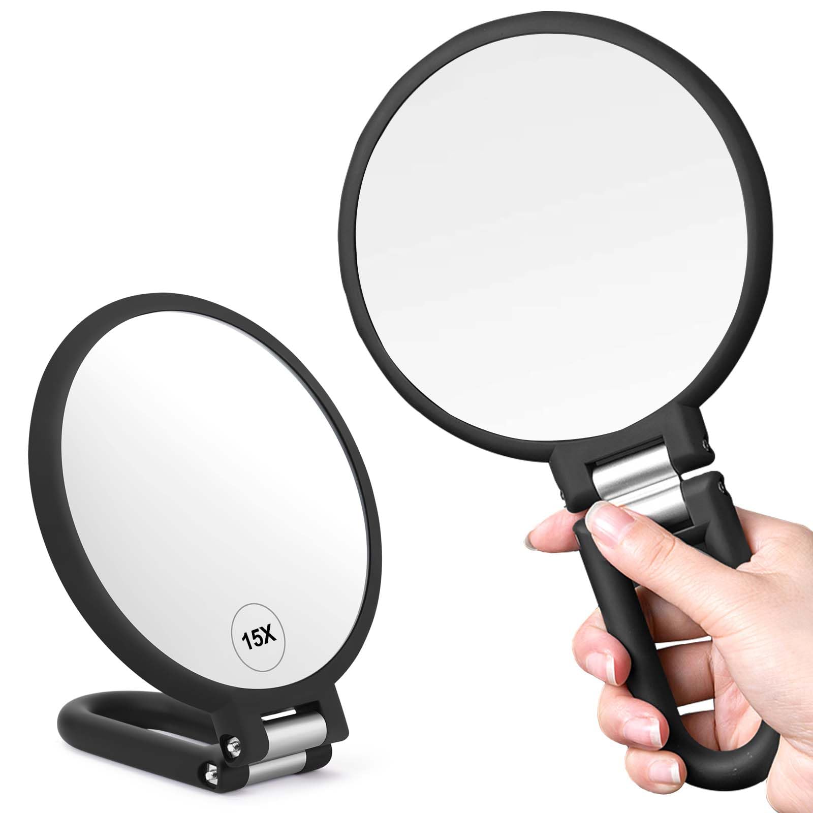 CLSEVXY Magnifying Handheld Mirror Double Sided, 1X 15X Magnification Hand Mirrors, Travel Folding Hand Held Mirror, 360°Rotation Pedestal Makeup Vanity Mirror